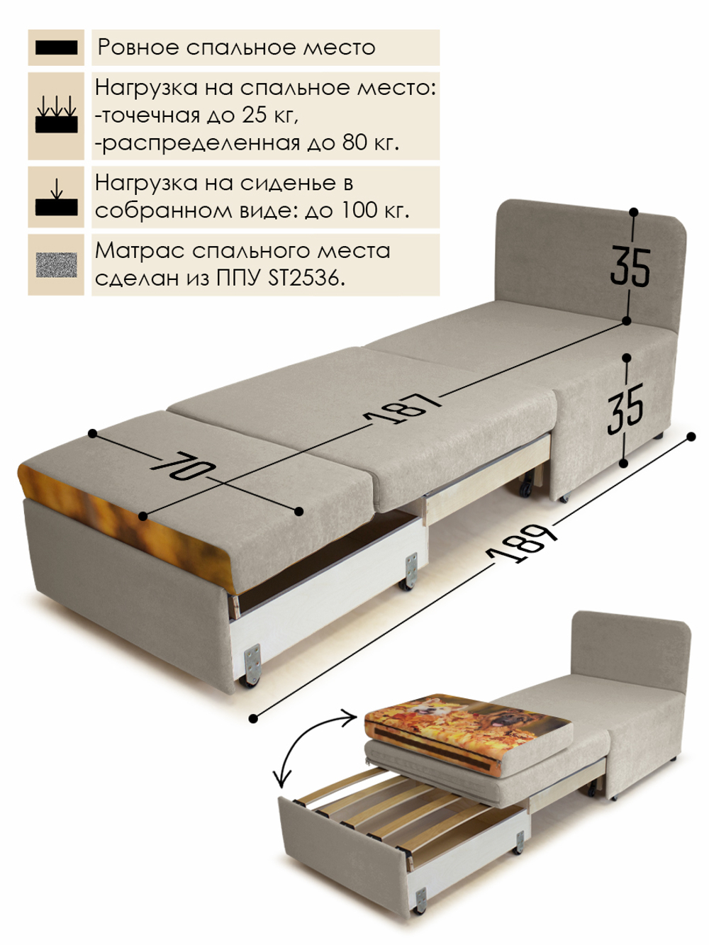 Кресло-кровать "Миник" 70 см, купон Собаки