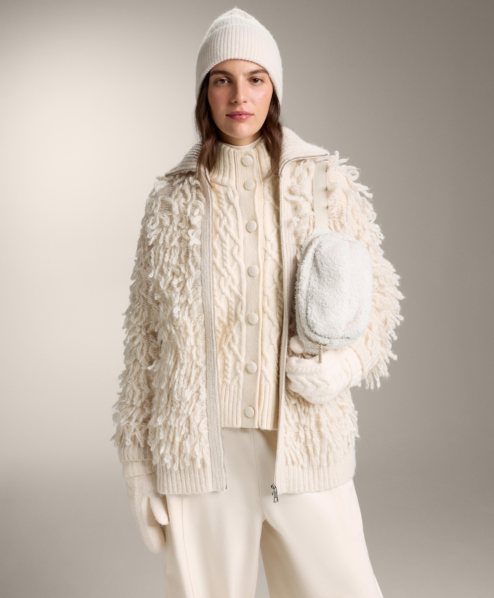 Oysho Вязаная куртка с бахромой, светлый экрю