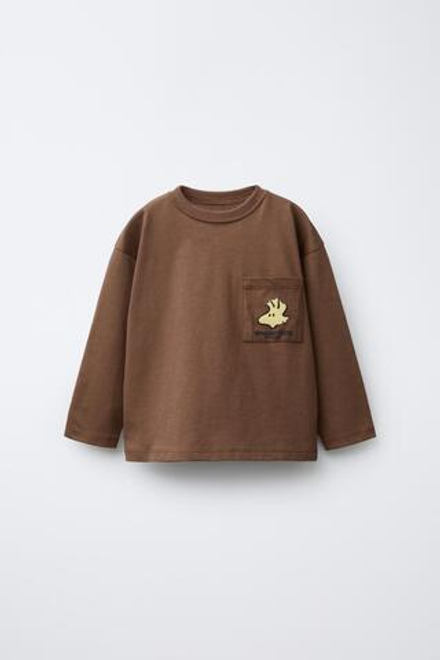 ZARA ФУТБОЛКА С ПРИНТОМ SNOOPY PEANUTS™, КОРИЧНЕВЫЙ