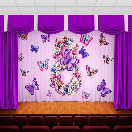 Занавес "8 МАРТА ЦВЕТЫ И БАБОЧКИ", габардин.