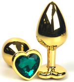 Золотистая анальная пробка с зеленым кристаллом-сердцем - 6,5 см. (Цвет: зеленый)