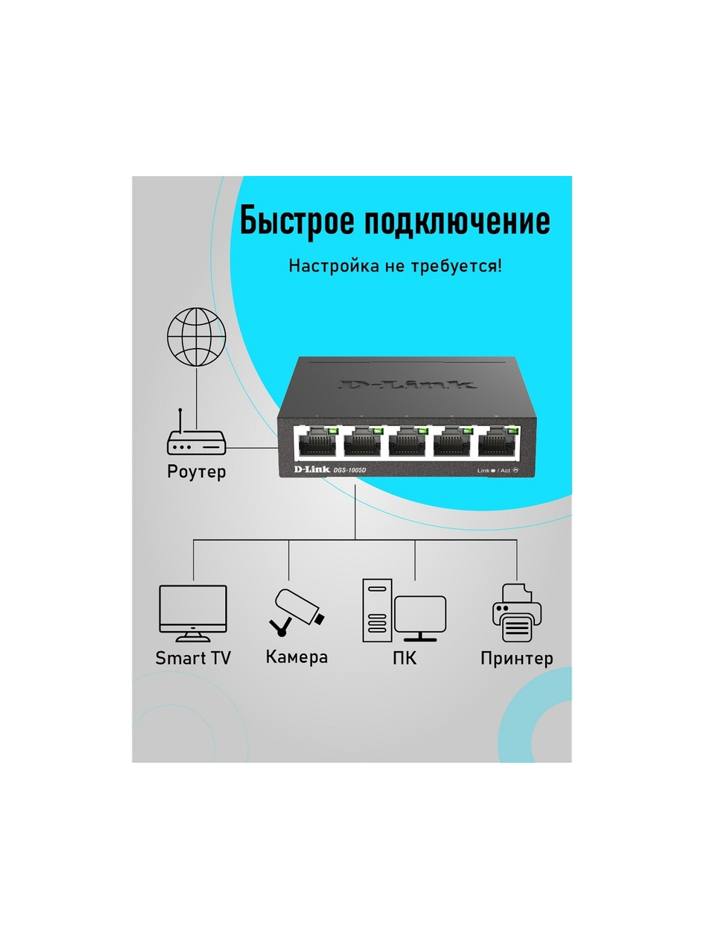 D-Link DGS-1005D/R1A Неуправляемый коммутатор с 5 портами 10/100/1000Base-T