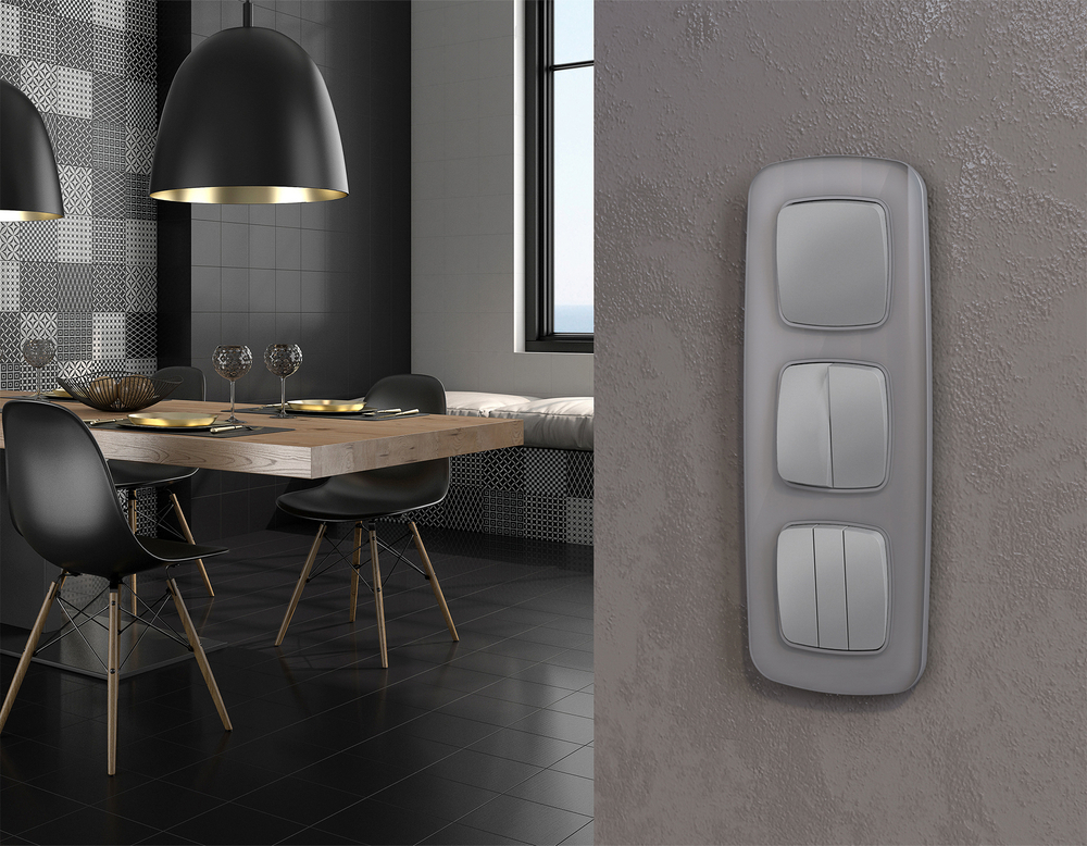 MO503030 Комплект механизма 2-клавишного перекрестного выключателя 10A-250V OMEGA Сталь матовый QUANT (OP5030, VM125)