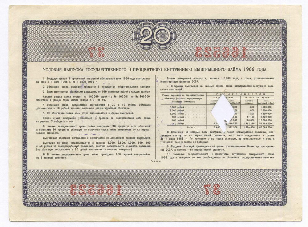 Облигации 20 рублей и 10 рублей 1966 год. Серии №№ 166523 и 127724. Гашение - вырез и штамп с надписью