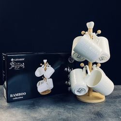 Lenardi 140-117 Набор из 6 кружек 320мл BAMBOO на подставке в под.уп.(х8)Фарфор