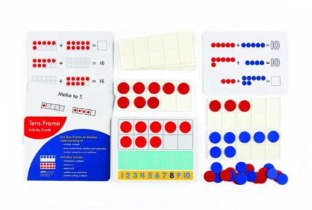 Счетное поле 10, 8 штук, 80 2-х цветных счетных фишек, 16 карточек с заданиями