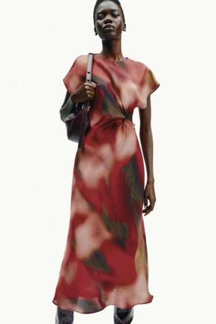 ZARA ПЛАТЬЕ МИДИ ИЗ АТЛАСА С ПРИНТОМ, РАЗНОЦВЕТНЫЙ