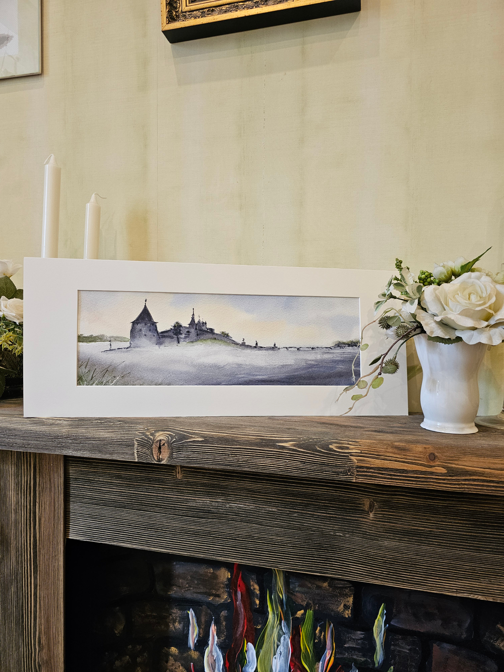 Картина авторская акварельная в паспарту 20х50 см на стену для интерьера "Туман на Великой"