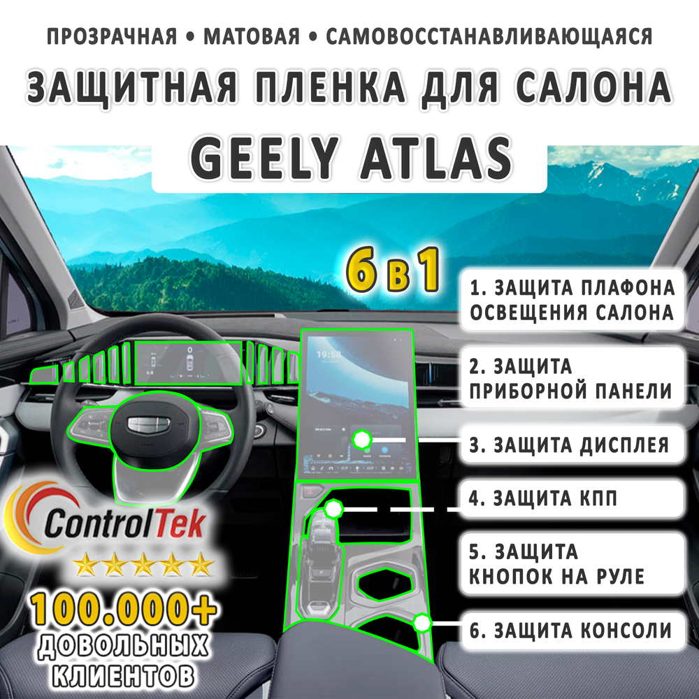 Geely Atlas (2023) - комплект защитных матовых пленок 6 в 1. Пленка защитная ControlTek HYBRID со слоем TOP COAT. Толщина: 6 mil. (175 мкм.)