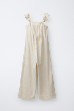 ZARA ДЛИННЫЙ КОМБИНЕЗОН ИЗ ЛЬНА С КРУЖЕВОМ, ЭКРЮ