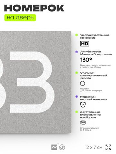 Номер на дверь 933, табличка на дверь для офиса, квартиры, кабинета, аудитории, склада, серая 120х70 мм, Айдентика Технолоджи