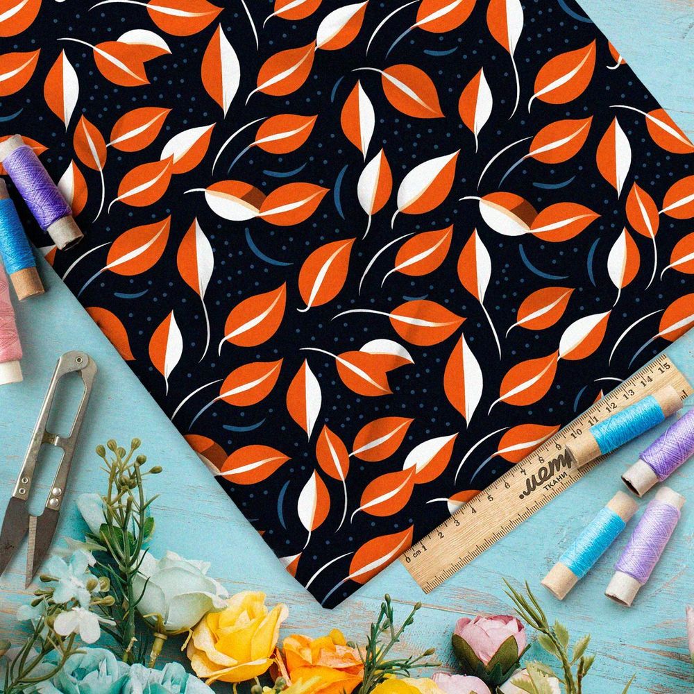 Ткань премиум мембрана оранжевые листочки на черном
