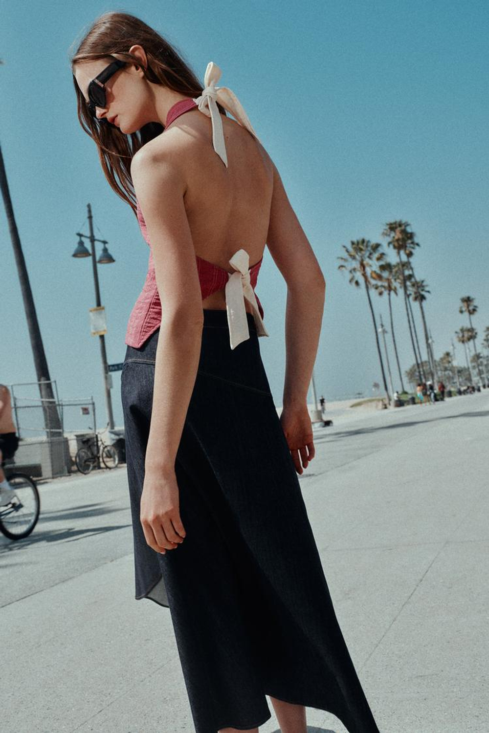 ZARA ЖИЛЕТ ХАЛТЕР В ПОЛОСКУ С ЗАВЯЗКАМИ, РОЗОВЫЙ