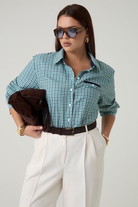 Рубашка в клетку c декоративным карманом, зеленый