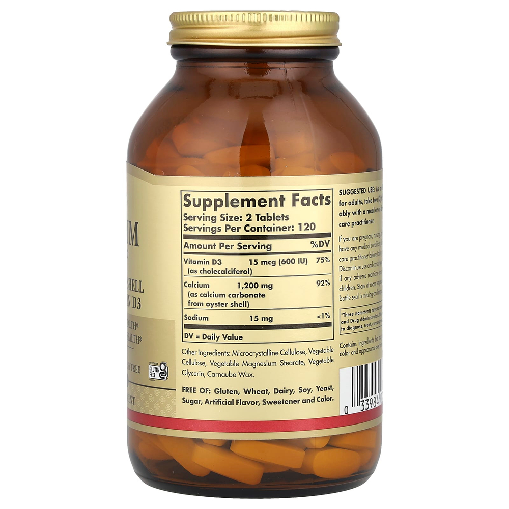 Solgar, кальций «600», из устричных раковин, с витамином D3, 240 таблеток