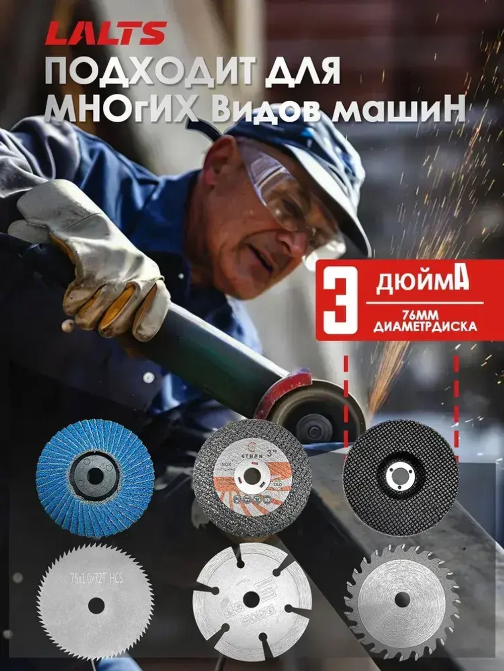 Диски для мини ушм 75x10mm/ набор 6 шт/Kруг шлифовальный, диск пильный по дереву, круг отрезной