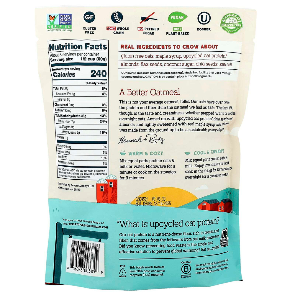 Seven Sundays, Protein Oats with Flax & Chia, клен и миндаль, 454 г (16 унций)