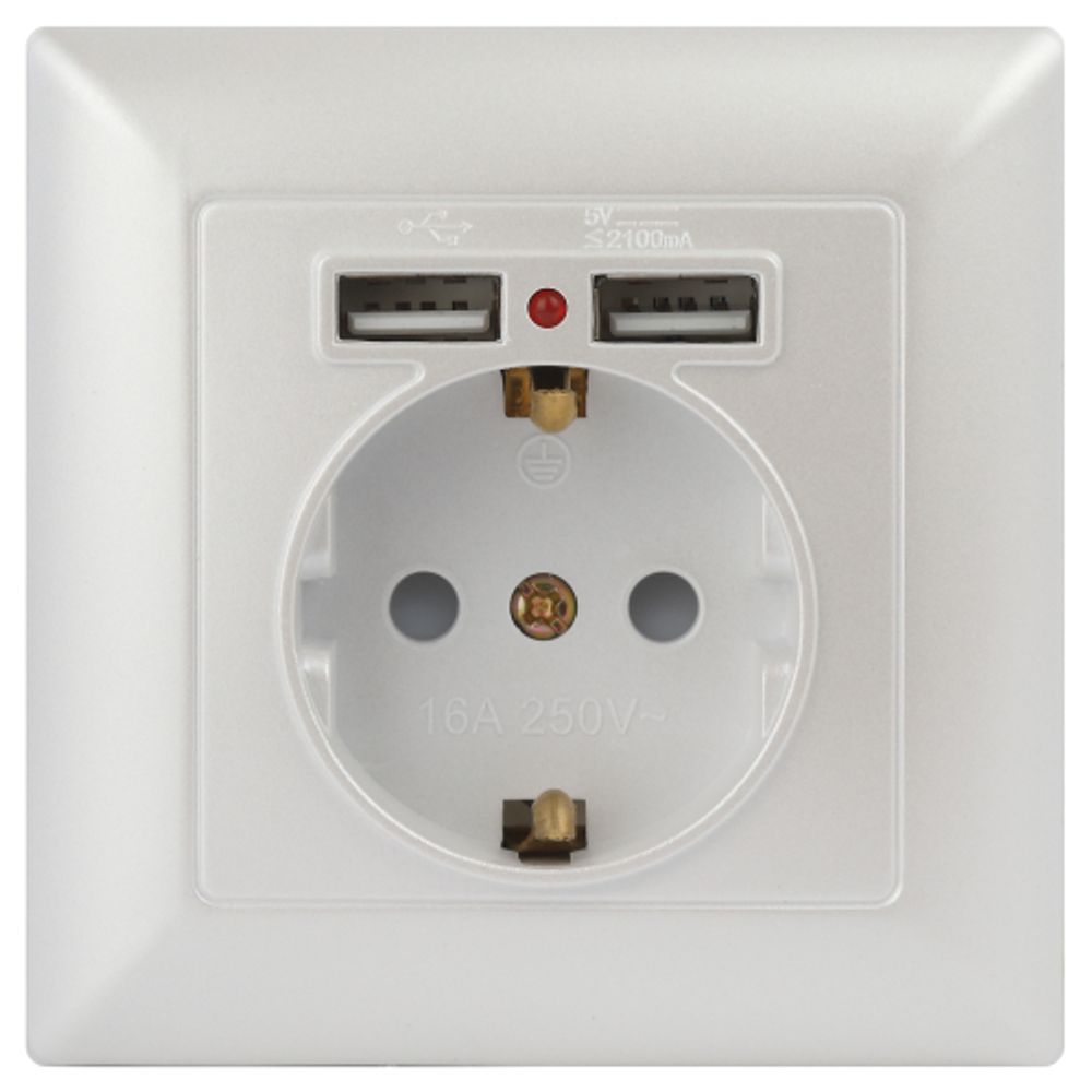 Розетка Intro Solo 4-410-06 с заземлением P+E Schuko со шторками, 16А-250В + 2хUSB, IP20, СУ, перламутр