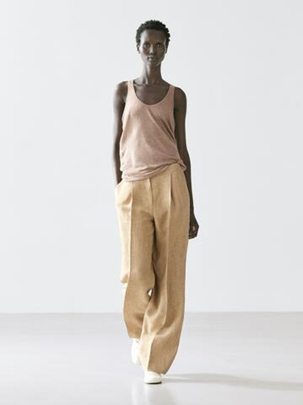 Massimo Dutti Струящиеся льняные брюки с вытачками, бежевый