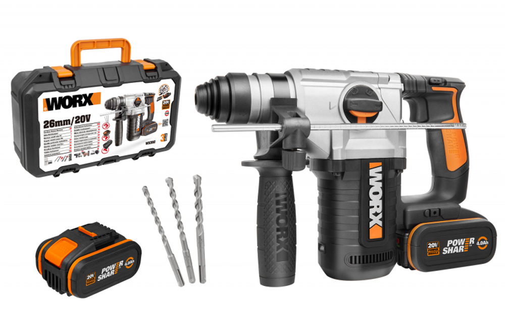 Аккумуляторный перфоратор Worx WX392 20В, 4Ач x2, ЗУ 2А, кейс