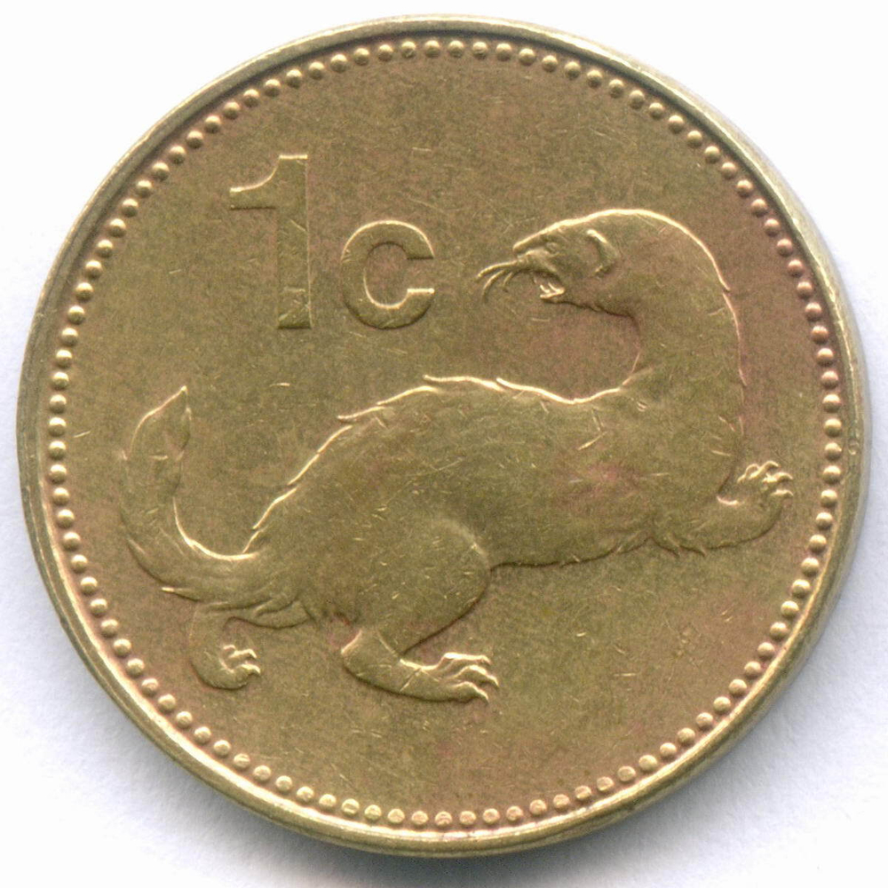 1 цент 1991 год. Мальта. Куница. Никелевая латунь, диаметр 18 мм. VF