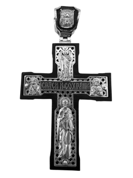 Крест деревянный с элементами серебра “Распятие.Ангел Серафим.Спас Нерукотворный.Икона Владимирской Богоматери.Святой Николай Чудотворец.Сергий Радонежский.Ангел Хранитель.”
