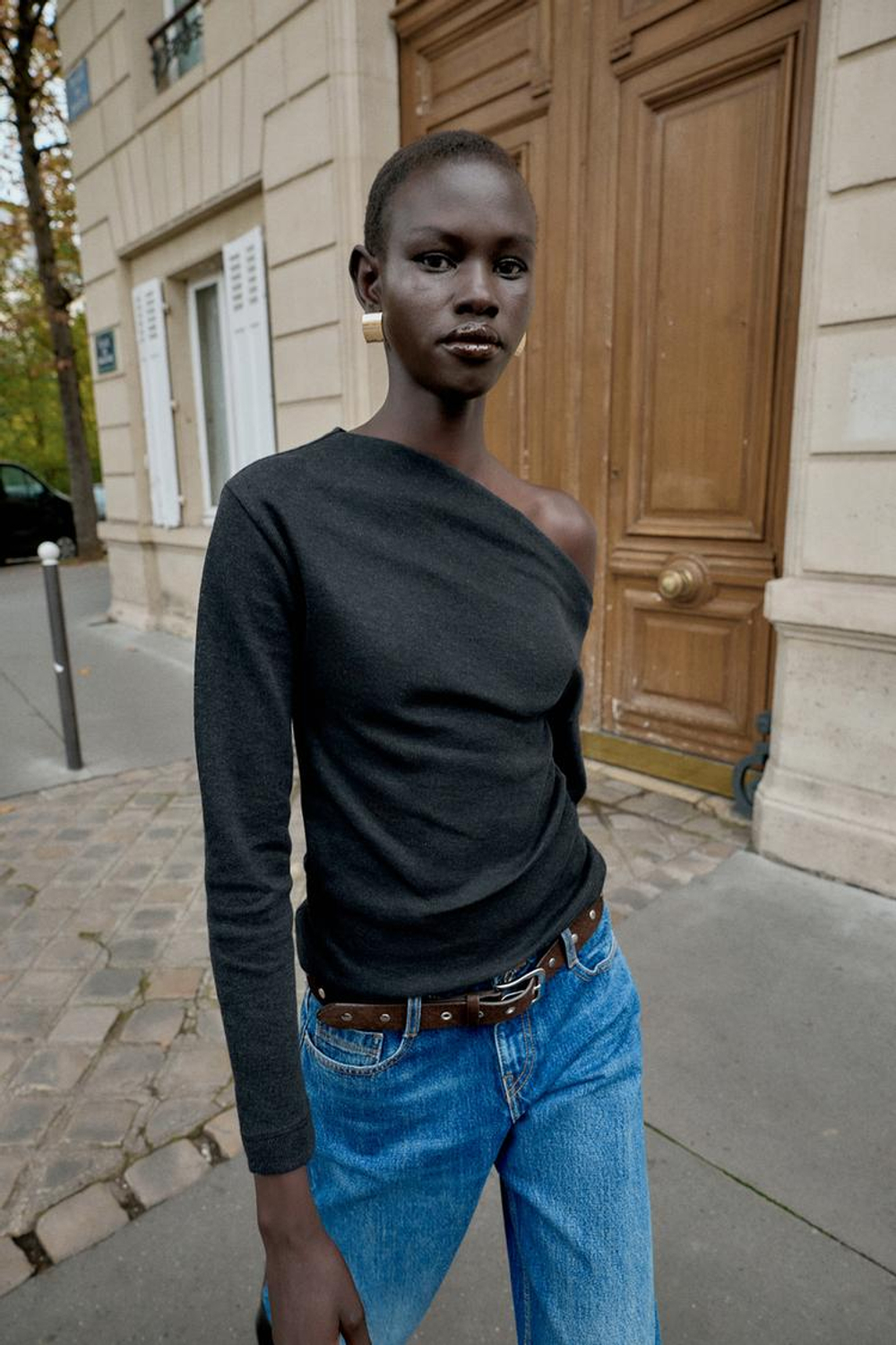 ZARA ТОП АСИММЕТРИЧНОГО КРОЯ ИЗ МЯГКОЙ ТКАНИ, ЧЕРНЫЙ МЕЛАНЖ