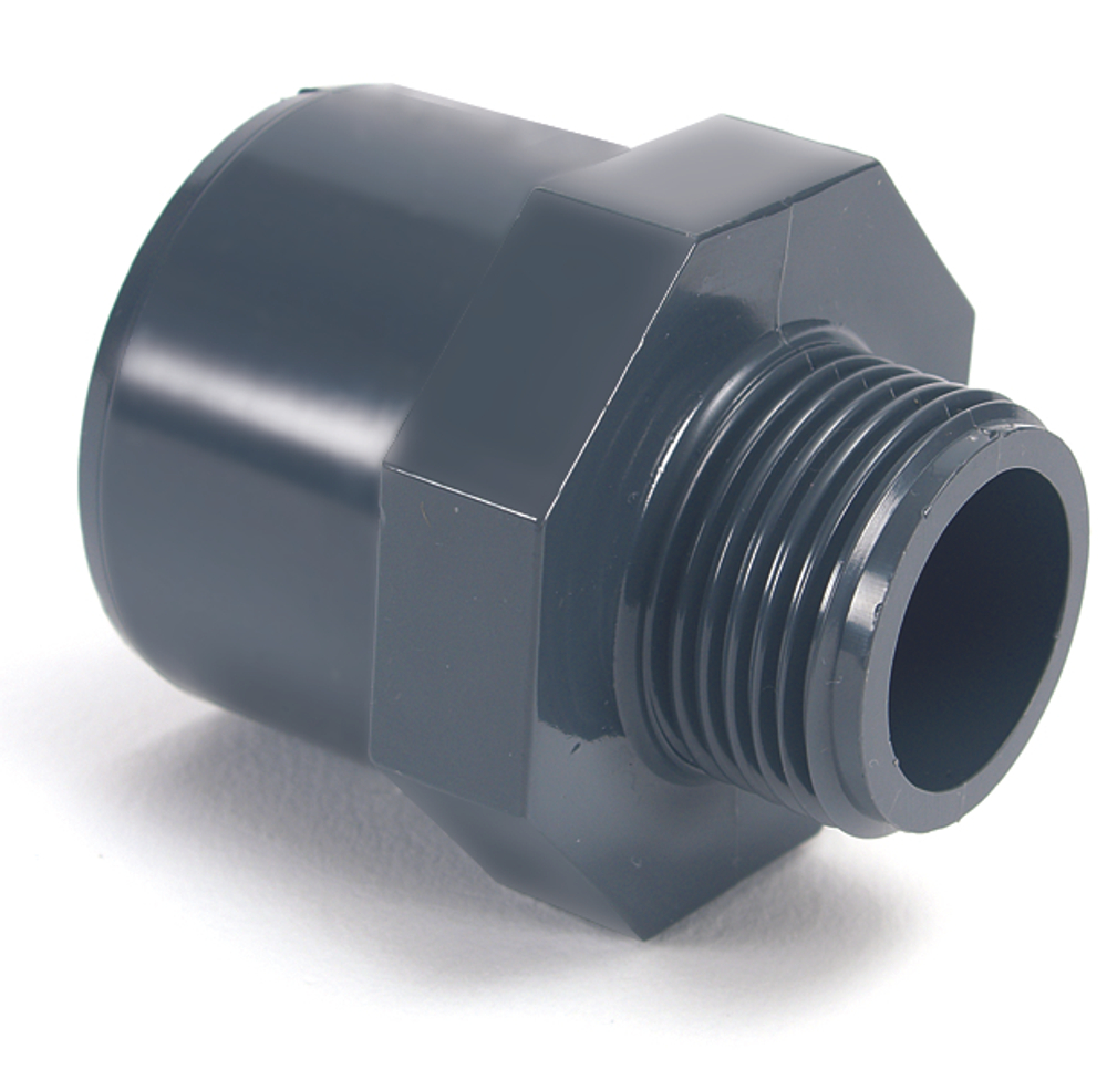 Муфта переходная ПВХ (НПВХ) неразборная с наружной резьбой под клей, склейка внутренняя-наружная (Ру16), Китай