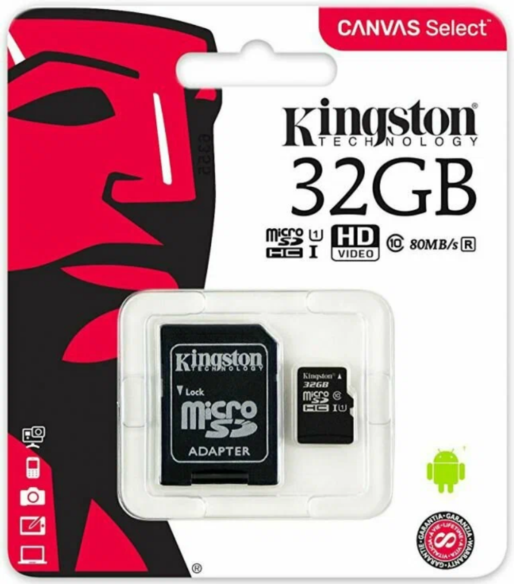 Карта памяти MicroSD 32GB Kingston Class-10 с адаптером