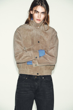 ZARA КУРТКА ИЗ 100% ЗАМШЕВОЙ КОЖИ С ВОРОТНИКОМ-СТОЙКОЙ, РЫЖЕВАТО-КОРИЧНЕВЫЙ