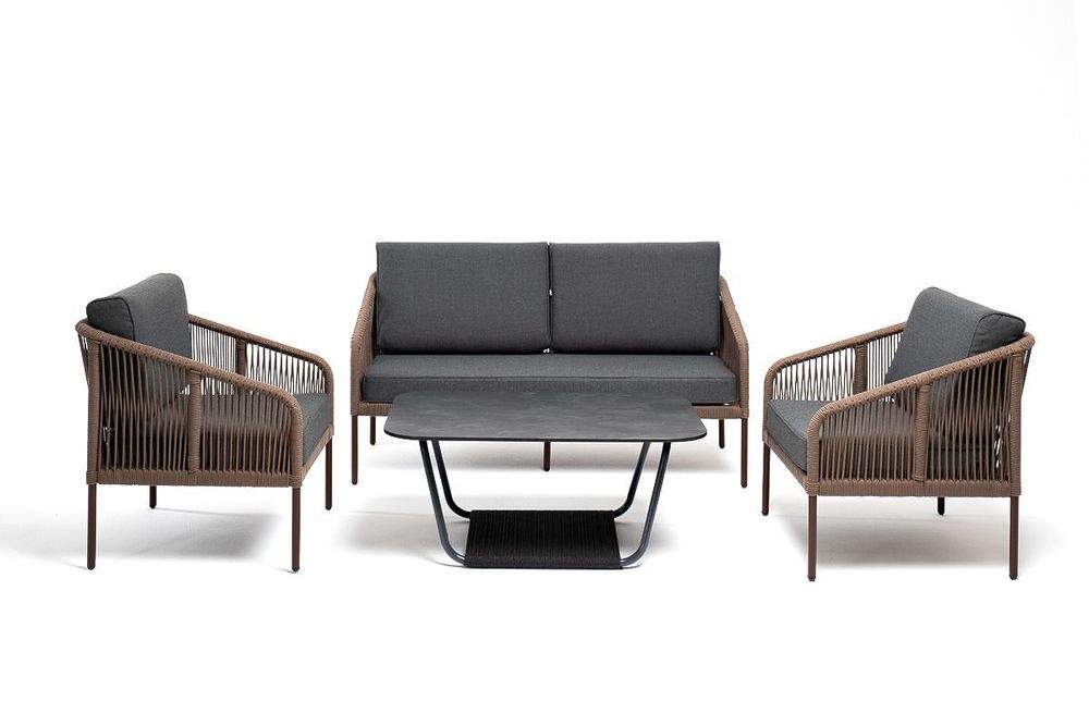 "Канны" лаунж-зона 4-местная из роупа со столом "Верона" (серый гранит), каркас алюминиевый коричневый, роуп коричневый