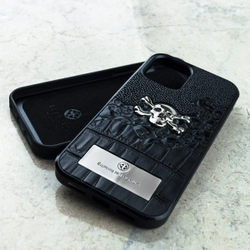 Эксклюзивный Дорогой чехол iPhone категории Lux: Crossbones Skull Череп - натуральная кожа крокодила, ювелирный сплав Euphoria HM