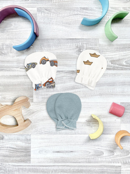 Рукавички-антицарапки Mjölk Retro Cars/Baby Blue/Бумажные кораблики, сет из 3х пар