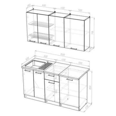 Кухонный гарнитур Алина нормал 1500 мм, каркас ЛДСП, фасад ЛДСП, Белый/Пайн белый