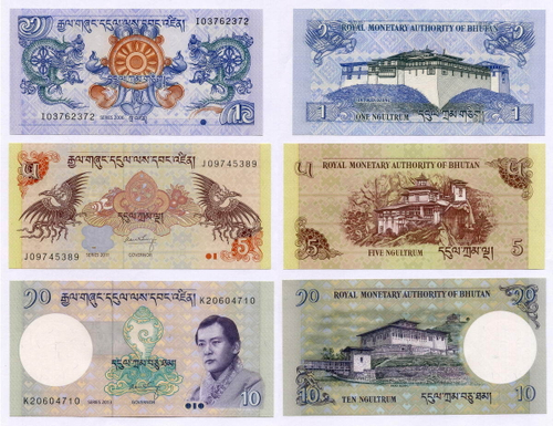Банкноты Бутан 3 шт (1, 5 и 10 нгултрумов) 2006-2013 гг. UNC. Реальные номера