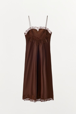 ZARA АТЛАСНОЕ ПЛАТЬЕ МИДИ С КРУЖЕВОМ, КОРИЧНЕВЫЙ