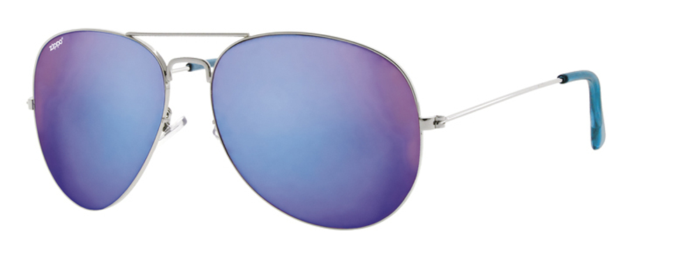 Стильные фирменные высококачественные американские мужские солнцезащитные очки серебристые из металла с синими стёклами Zippo OB36-06 в мешочке и коробке
