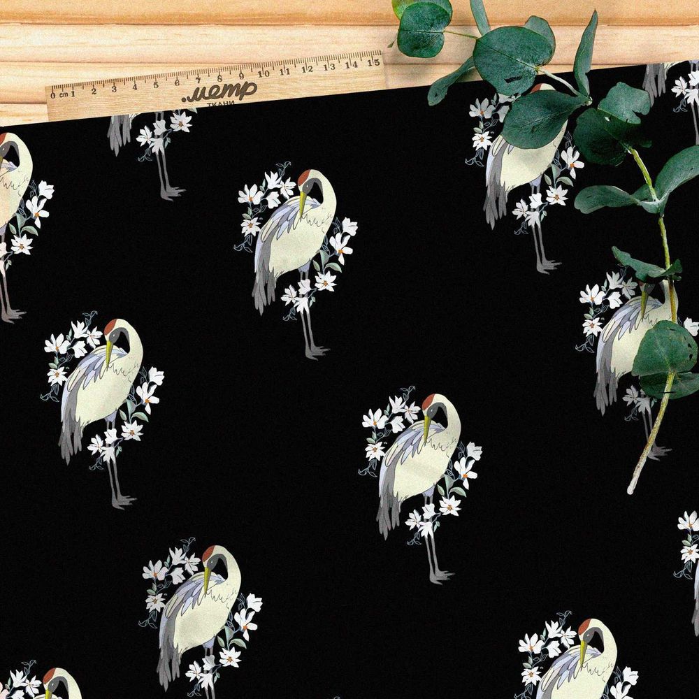 Ткань бифлекс японский журавль на черном