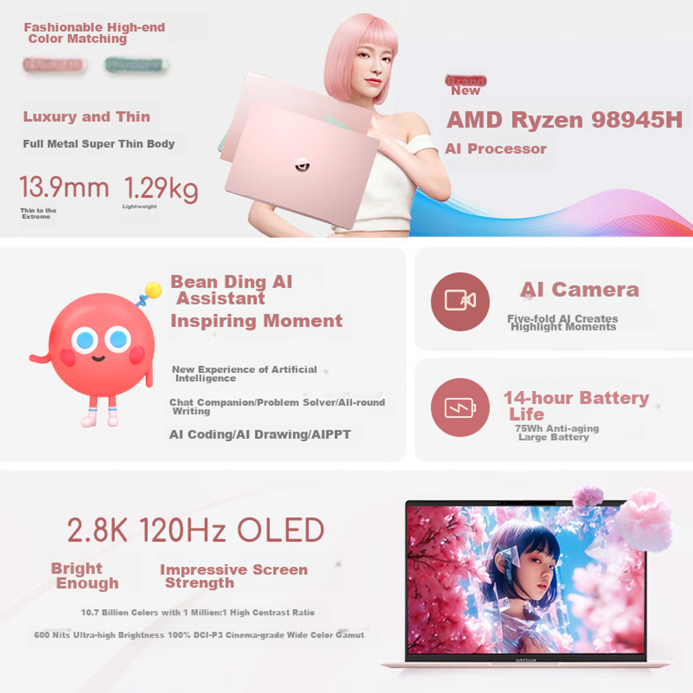 Ультрабук для работы и учебы ASUS A Bean 14 Air High-Performance AI Ultra-Thin (Upgraded R9 8945H, 32GB RAM, 1TB Storage, 2.8K 120Hz OLED), Blue, M5406ADOL Win11+Русская клавиатура