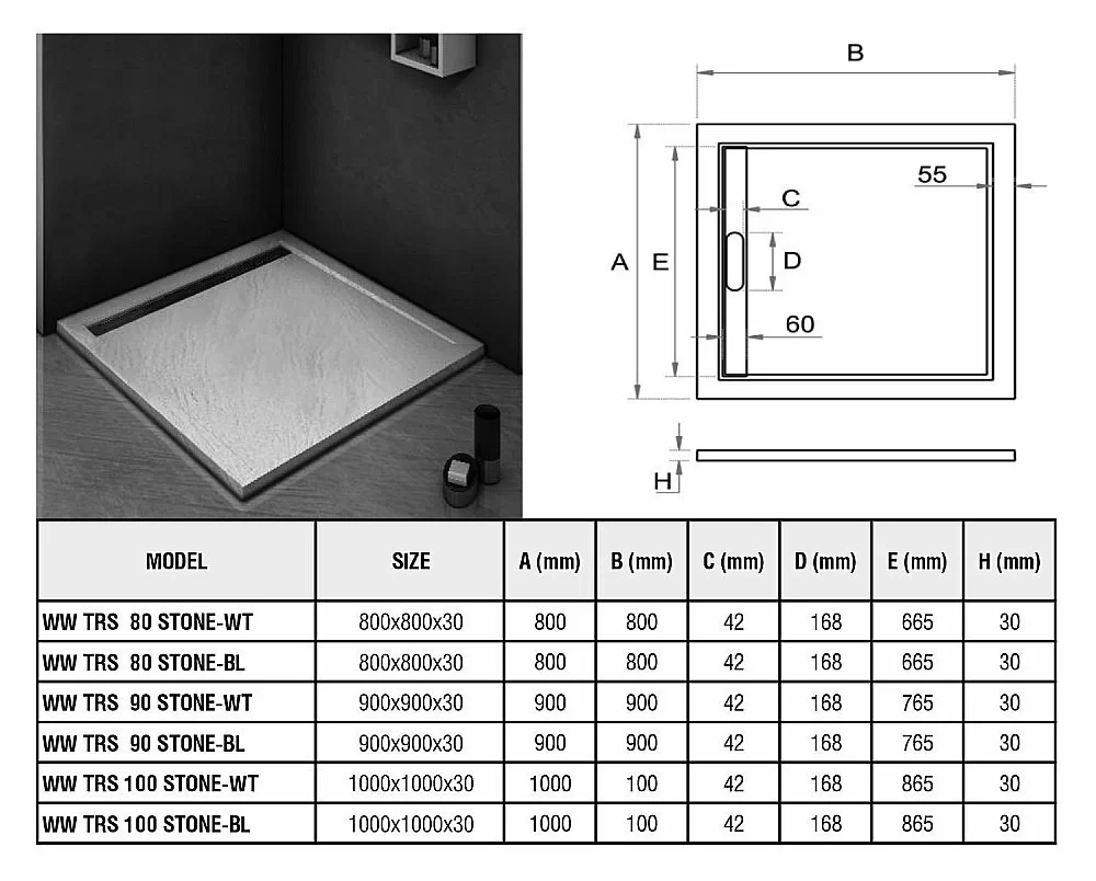 Душевой поддон Weltwasser WW TRS STONE BL 90x90 10000004412 черный