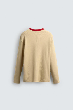 ZARA ФУТБОЛКА ИЗ ВАФЕЛЬНОЙ ТКАНИ С КОНТРАСТНОЙ ОТДЕЛКОЙ, РЫЖЕВАТО-КОРИЧНЕВЫЙ