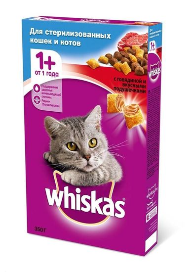 Whiskas полноценный корм для стерилизованных кошек подушечки с паштетом со вкусом говядины