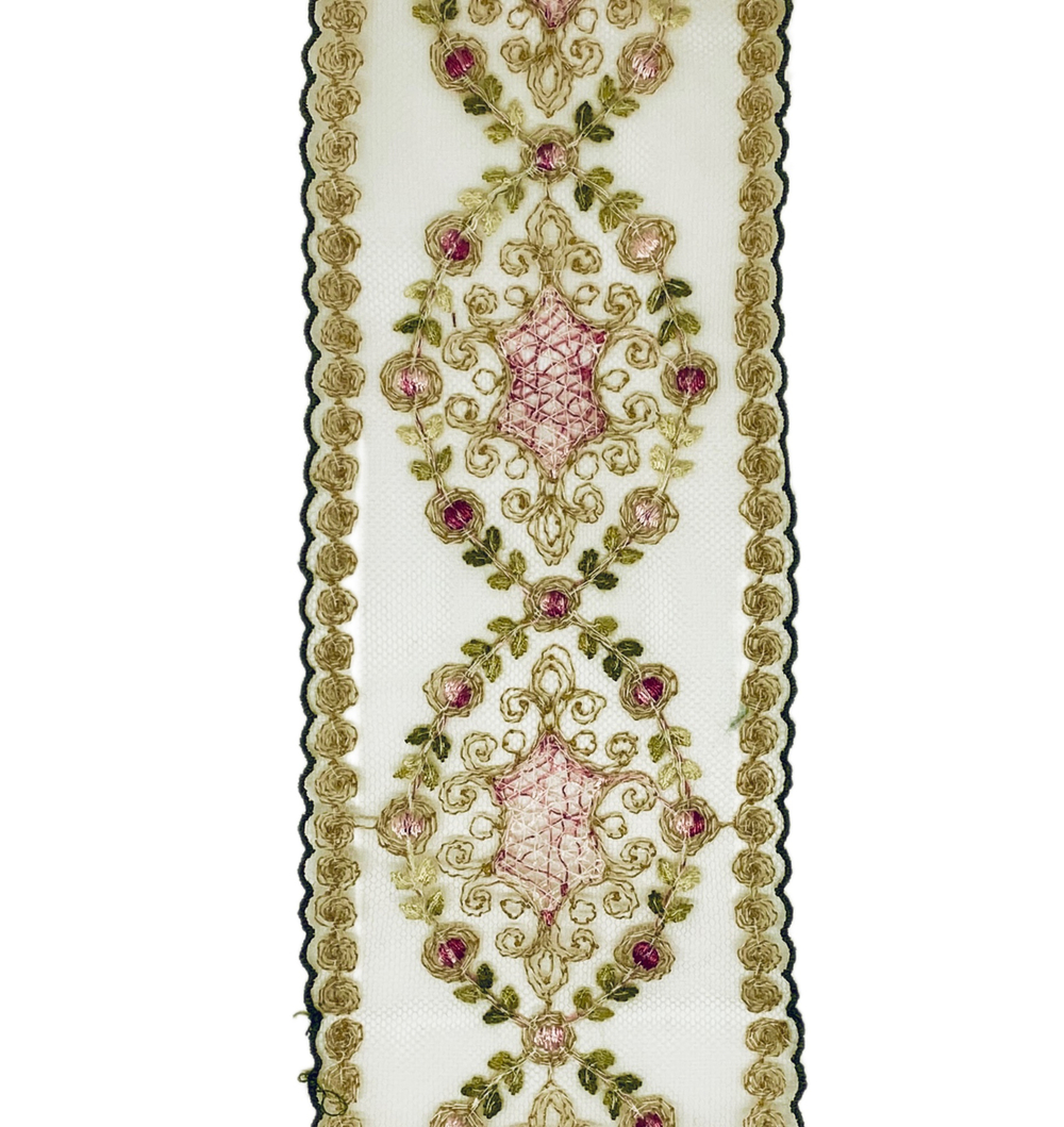 Кружево тонкое на сетке цветное ш-8см Франция. (хлопок/шелк). 1 м