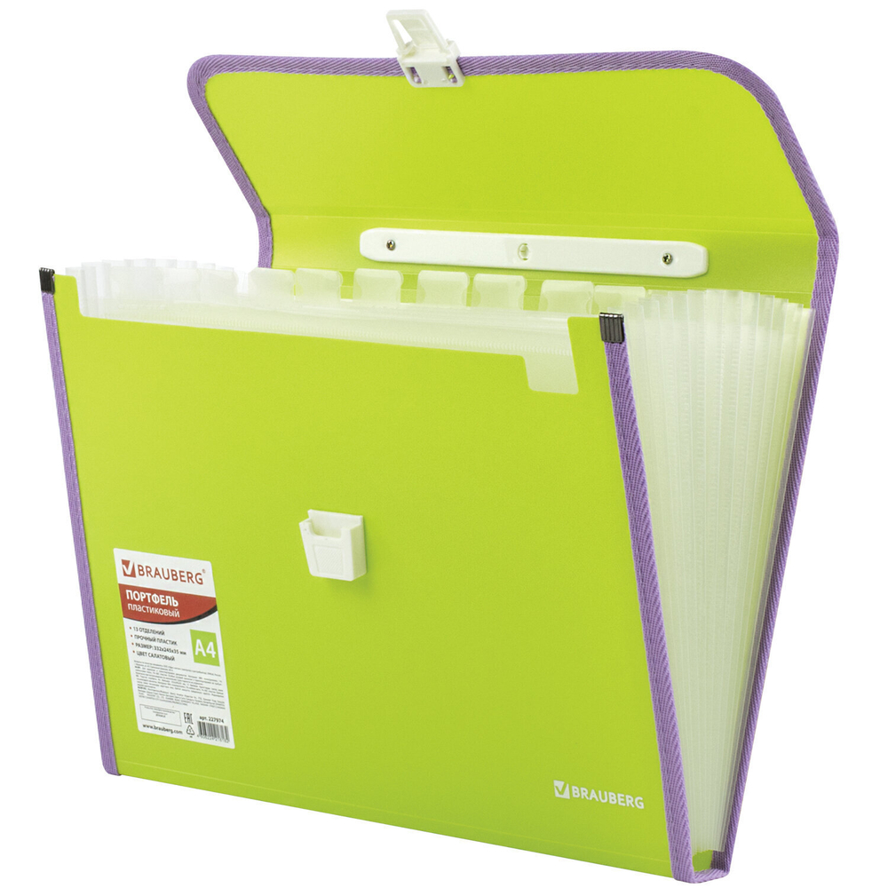 Папка-портфель пластиковая BRAUBERG "JOY" А4 (330х245х35 мм) 13 отделений с окантовкой салатовая (2 штуки в упаковке)