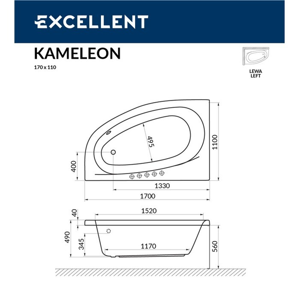 Акриловая ванна Excellent Kameleon 170x110 лев. WAEX.KML17WH