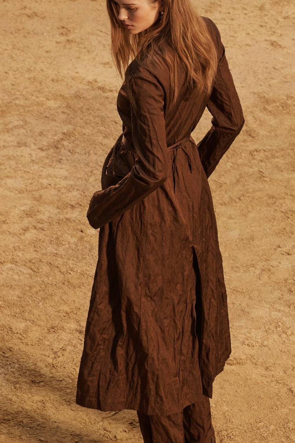 ZARA ДЛИННОЕ ПАЛЬТО ИЗ ХЛОПКА, КОРИЧНЕВЫЙ