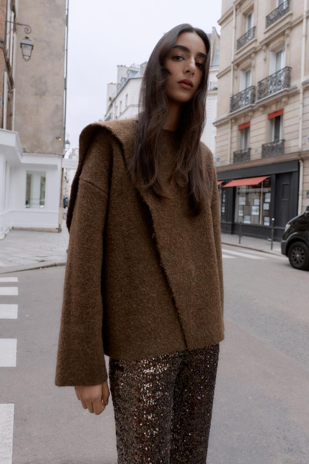 ZARA КАРДИГАН С ШАРФОМ, КОРИЧНЕВЫЙ