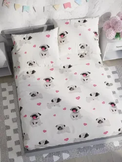 Постельное белье Полисатин Мечта "Мопсики" евро Наволочка 50х70 см 2 шт Простынь на резинке 180x200 см Пододеяльник 200x215 см