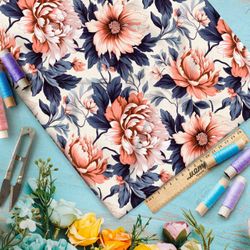 Ткань премиум Оксфорд 600D пионы на синих листьях