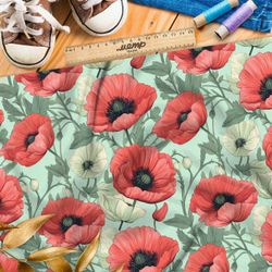 Ткань премиум шелк искусственный Армани крупные маки с белыми цветами